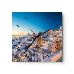 Wanduhr - Glasuhr - Blick auf eine griechische Stadt bei Sonnenuntergang - 30x30cm - Die Essenz des Griechischen - Moderne Wanddekoration für Wohnzimmer und Schlafzimmer ARTTOR