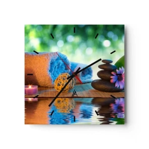 Wanduhr - Glasuhr - Entspannendes SPA-Set mit Handtüchern, Kerzen und Steinen - 30x30cm - Zeit für den Körper - Moderne Wanddekoration für Wohnzimmer und Schlafzimmer ARTTOR