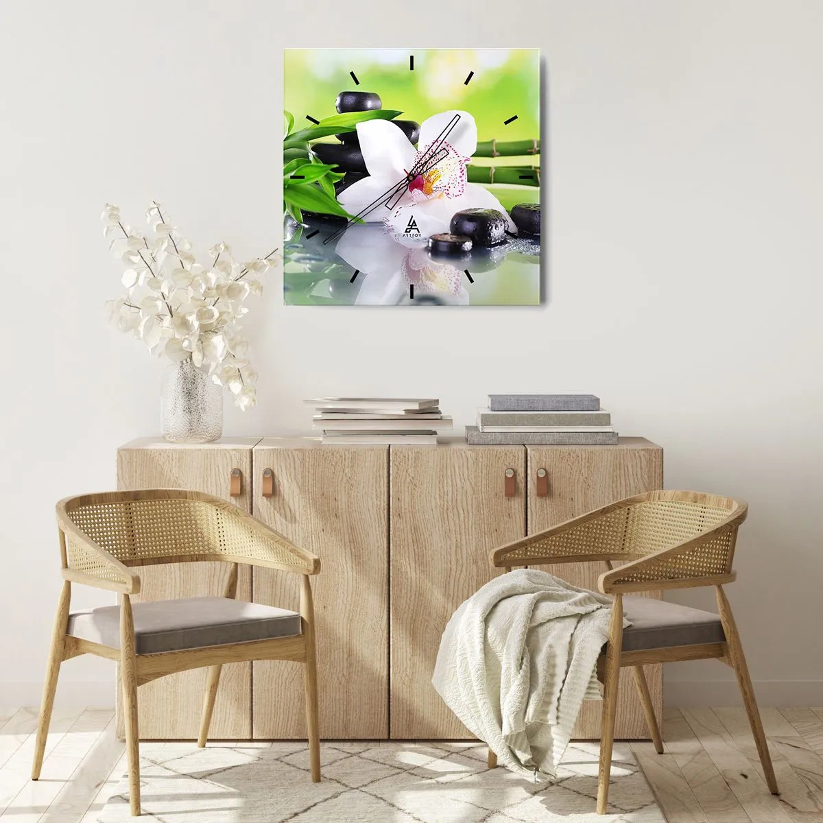Wanduhr - Glasuhr - Orchidee, Steine und Bambus in einer harmonischen Spa-Komposition - 30x30cm - Kühle Frische - Moderne Wanddekoration für Wohnzimmer und Schlafzimmer ARTTOR