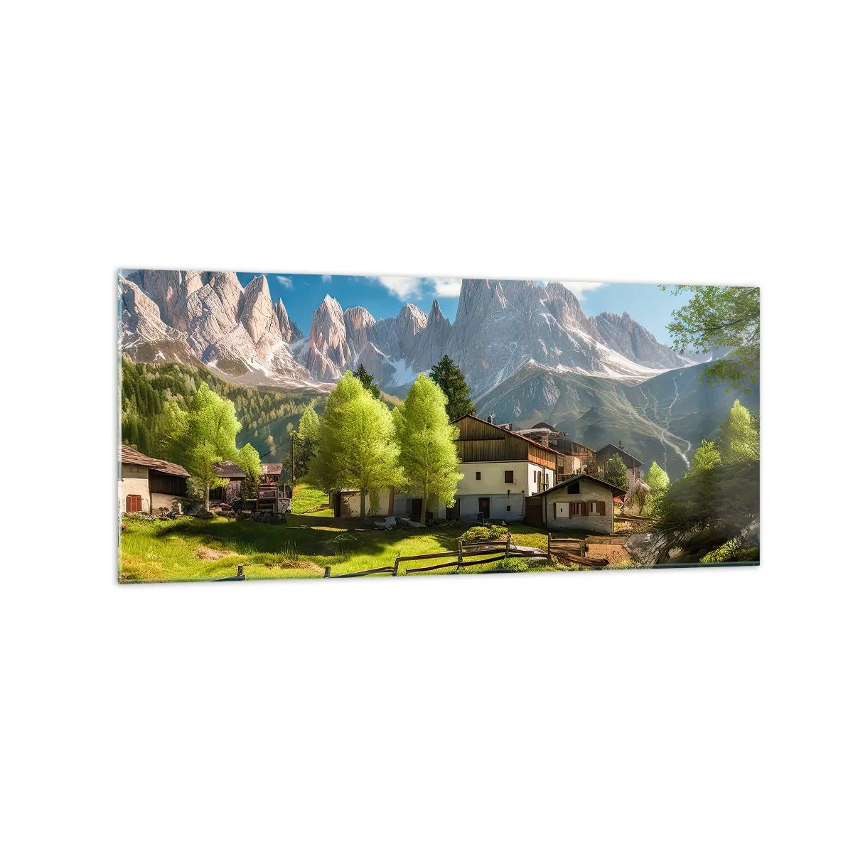 Glasbild - Bild auf glas - Ein Bergdorf mit Häusern und Blick auf die Alpen - 120x50cm - Alpenidylle - Moderne Wanddekoration für Wohnzimmer und Schlafzimmer ARTTOR