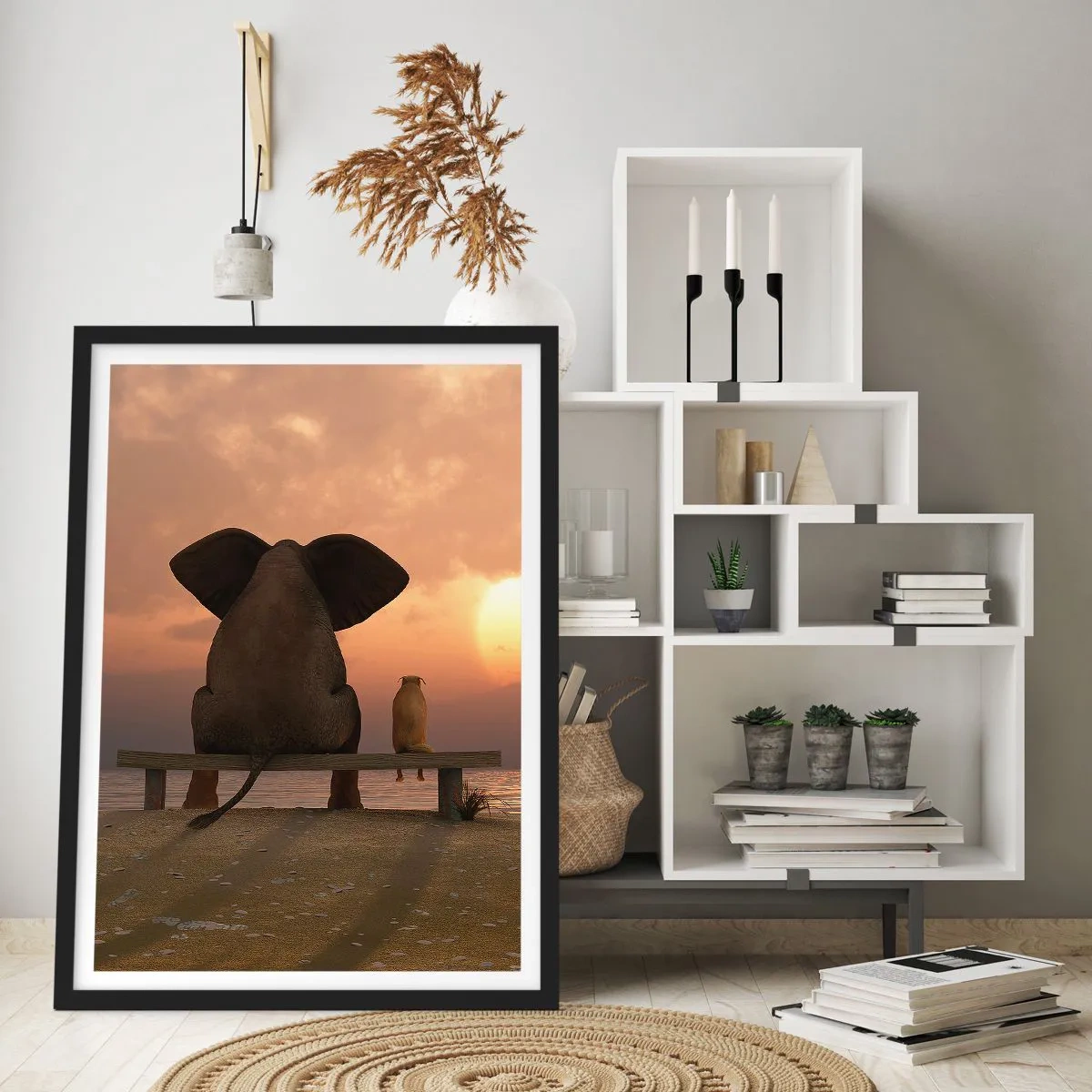 Poster in einem schwarzem Rahmen - Elefant und Hund auf einer Bank in der untergehenden Sonne - 50x70cm - Es tut gut zusammen zu schweigen - Moderne Wanddekoration für Wohnzimmer und Schlafzimmer ARTTOR