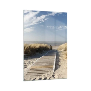 Glasbild - Bild auf glas - Ein Holzweg führt durch die Dünen zum ruhigen Meer - 70x100cm - Hinter der Düne, im Rauschen des Grases - Moderne Wanddekoration für Wohnzimmer und Schlafzimmer ARTTOR