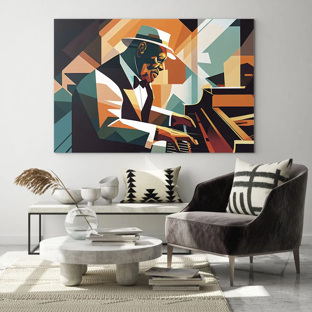 Glasbild - Bild auf glas - Ein farbenfrohes Porträt eines Jazz-Pianisten - 120x80cm - Alles vom Jazz - Moderne Wanddekoration für Wohnzimmer und Schlafzimmer ARTTOR