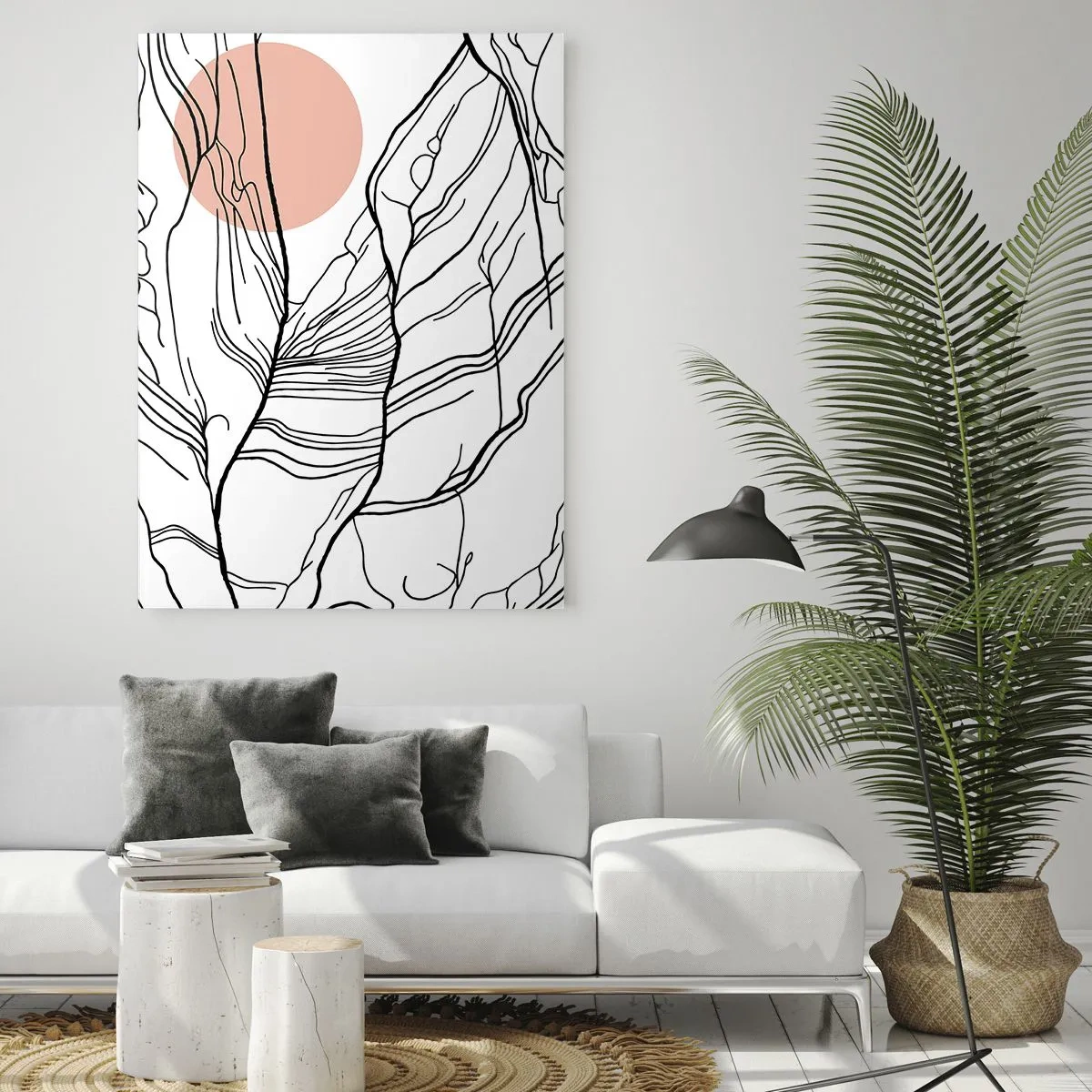 Glasbild - Bild auf glas - Schattige Zweiglinien mit beiger Sonne - 50x70cm - In einem Netz aus Zweigen - Moderne Wanddekoration für Wohnzimmer und Schlafzimmer ARTTOR