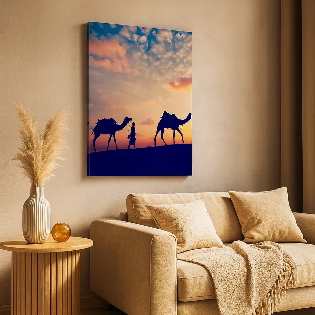 Bild auf Leinwand - Leinwandbild - Eine Karawane von Kamelen wandert bei Sonnenuntergang durch die Wüste - 50x70cm - Der geheimnisvolle Geist des Orients - Moderne Wanddekoration für Wohnzimmer und Schlafzimmer ARTTOR