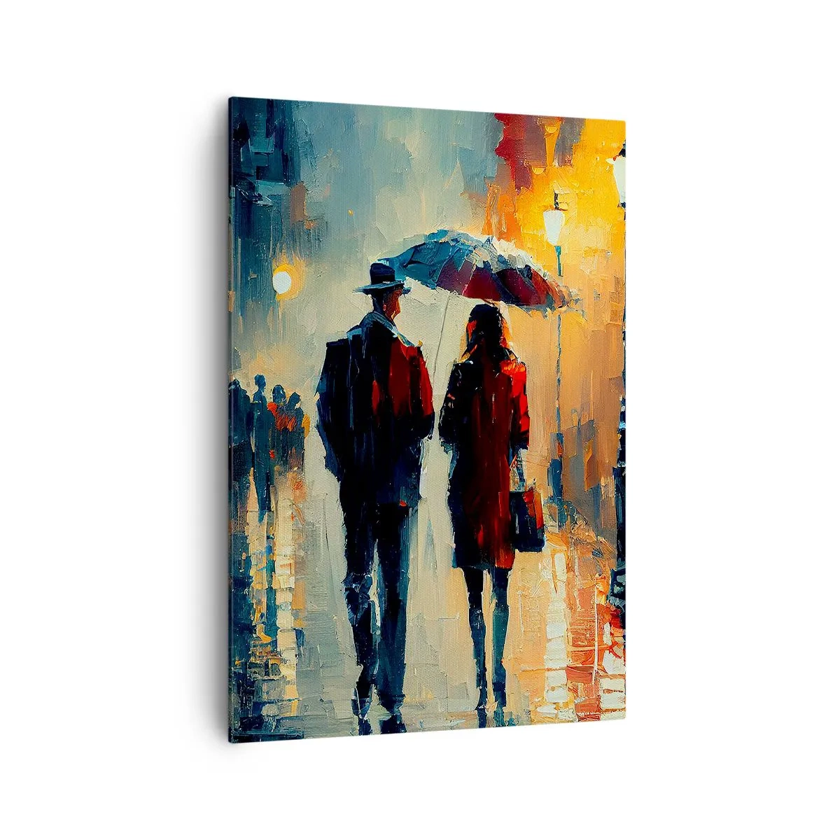 Bild auf Leinwand - Leinwandbild - Nachts im Regen unter einem Regenschirm in der Stadt spazieren gehen - 70x100cm - Urbane Liebesgeschichte - Moderne Wanddekoration für Wohnzimmer und Schlafzimmer ARTTOR