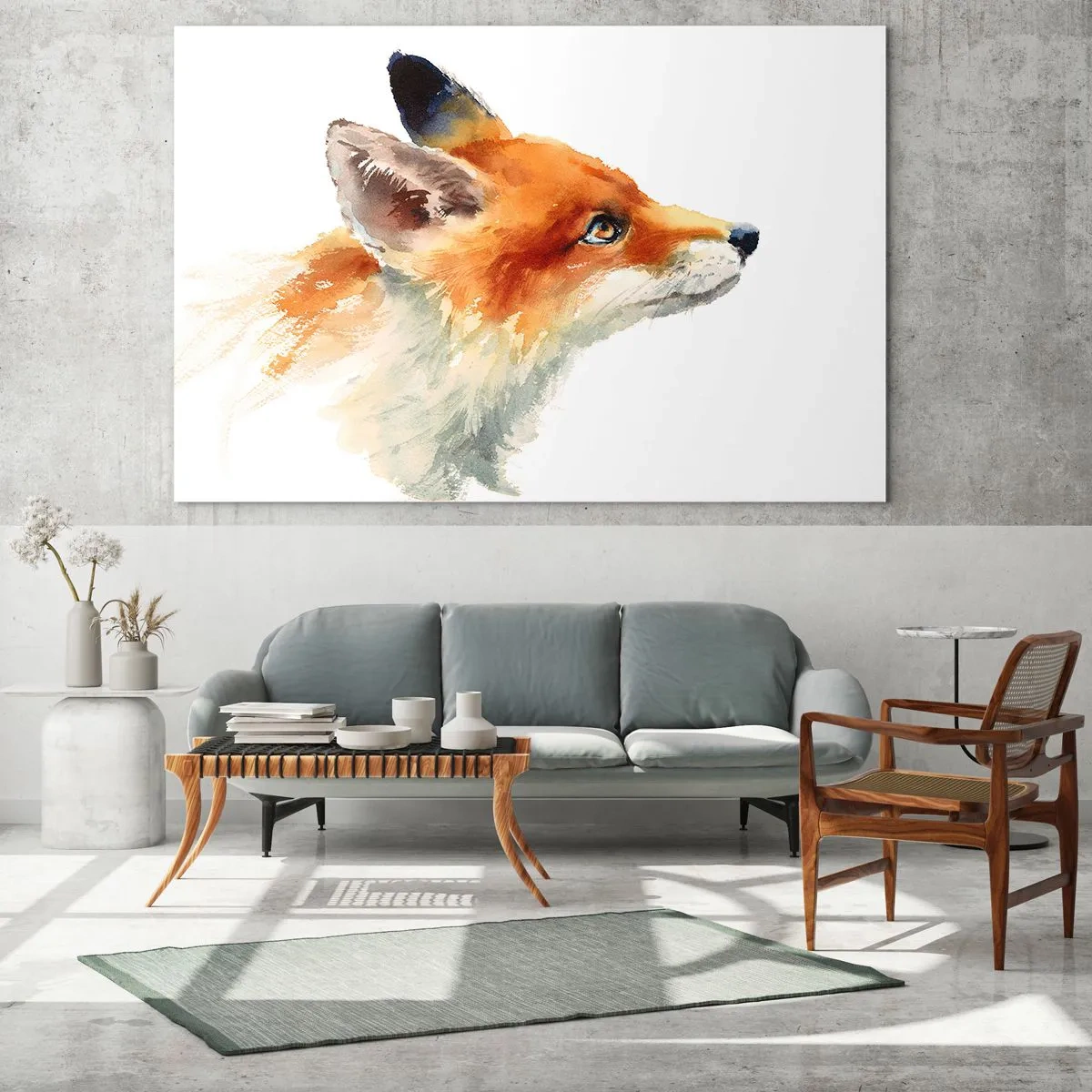 Glasbild - Bild auf glas - Aquarell-Illustration eines Fuchses, der in die Ferne blickt - 70x50cm - Man kann nie vorsichtig genug sein - Moderne Wanddekoration für Wohnzimmer und Schlafzimmer ARTTOR