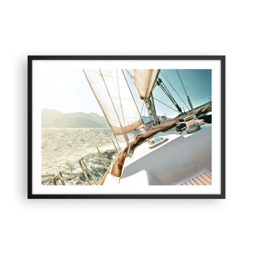 Poster in einem schwarzem Rahmen - Eine Yacht auf offener See mit Blick auf die Berge - 70x50cm - Unter vollen Segeln - Moderne Wanddekoration für Wohnzimmer und Schlafzimmer ARTTOR