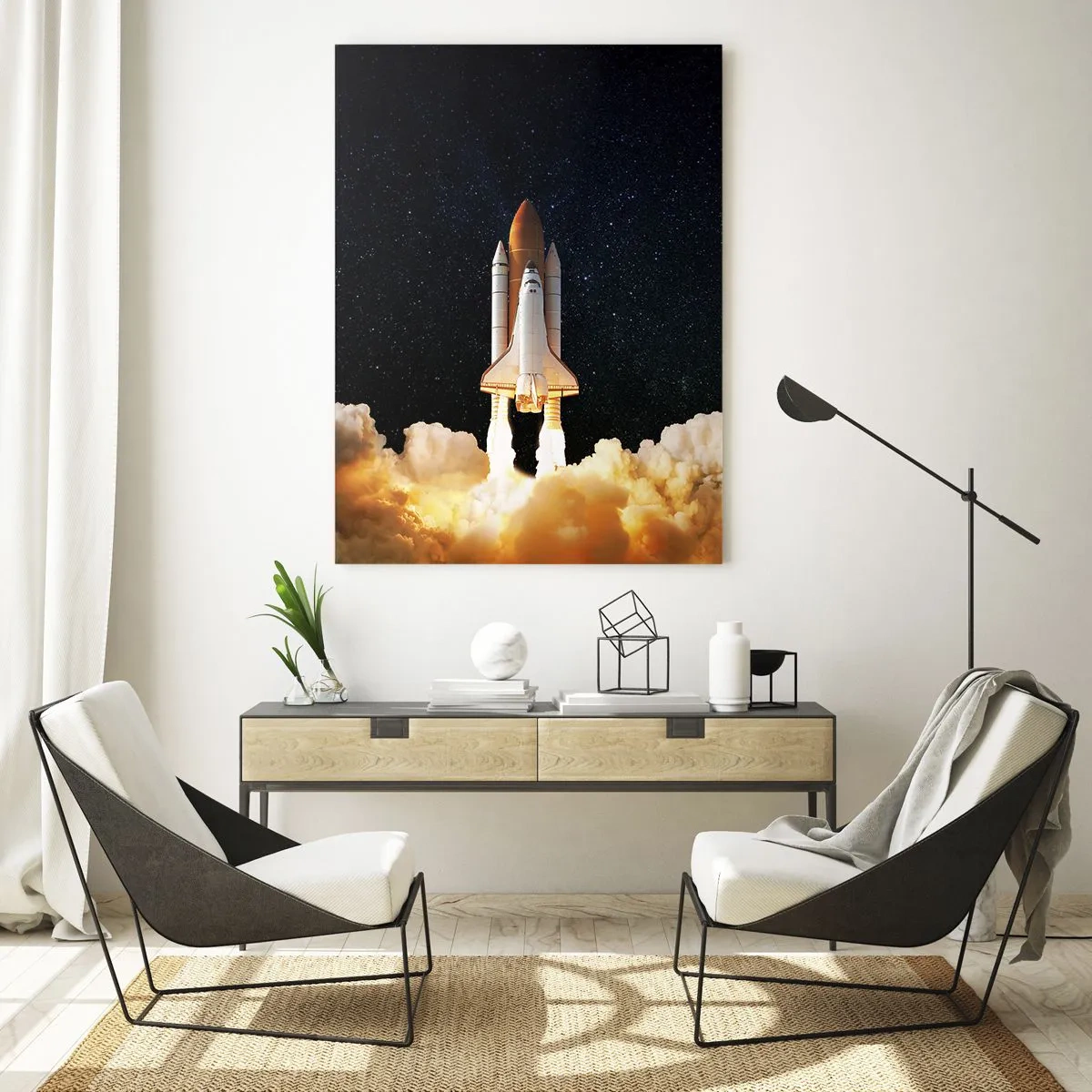 Glasbild - Bild auf glas - Ein Space Shuttle hebt vor einem Sternenhimmel ab - 50x70cm - Ad Astra! - Moderne Wanddekoration für Wohnzimmer und Schlafzimmer ARTTOR