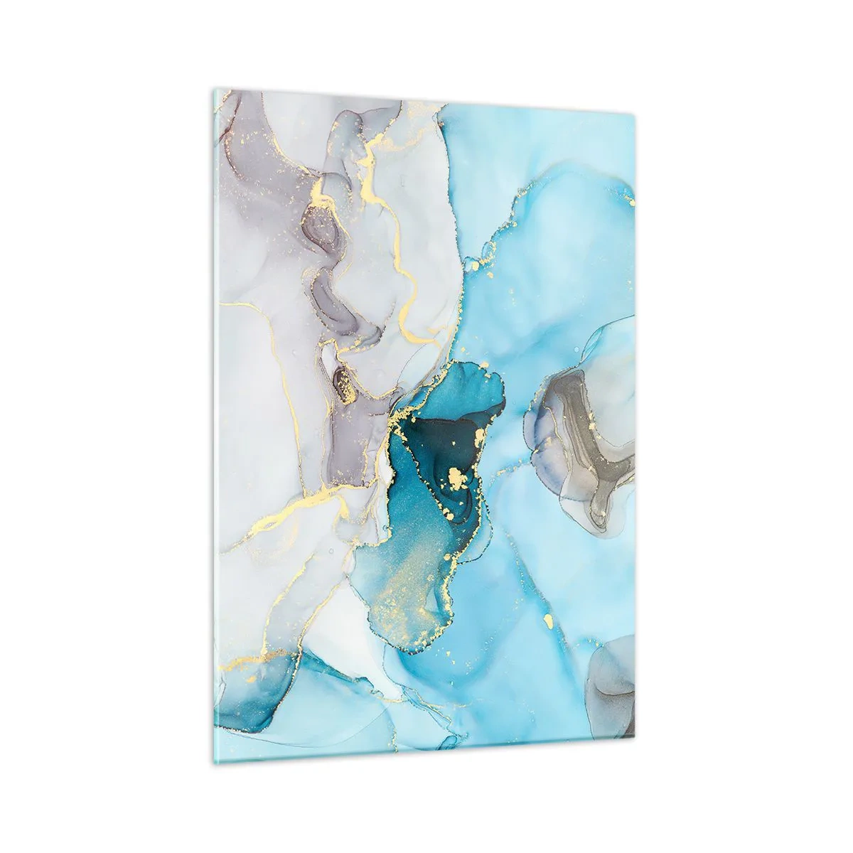 Glasbild - Bild auf glas - Türkis- und graue Wellen mit goldenen Akzenten - 50x70cm - Eine Studie über das Zusammentreffen von Grau und Türkis - Moderne Wanddekoration für Wohnzimmer und Schlafzimmer ARTTOR