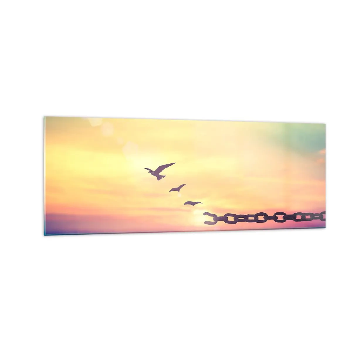 Glasbild - Bild auf glas - Symbol der Freiheit mit Vögeln und einer zerbrochenen Kette - 140x50cm - Der Sieg der Freiheit - Moderne Wanddekoration für Wohnzimmer und Schlafzimmer ARTTOR