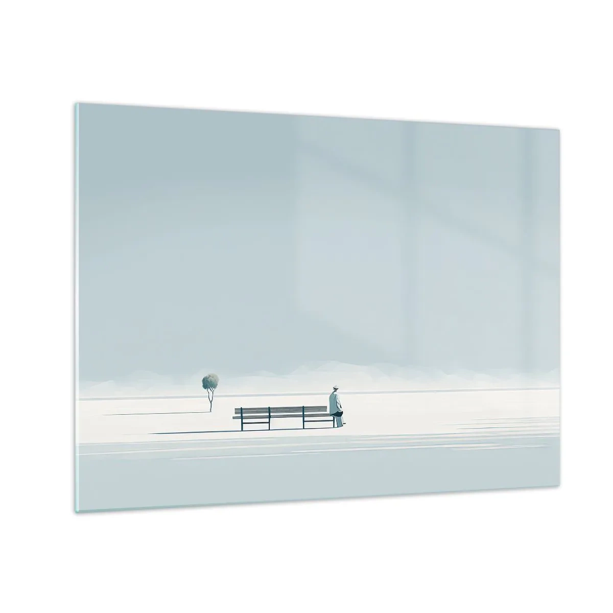 Glasbild - Bild auf glas - Eine Figur auf einer Bank in einer minimalistischen Landschaft - 70x50cm - Ja, ich warte. - Moderne Wanddekoration für Wohnzimmer und Schlafzimmer ARTTOR