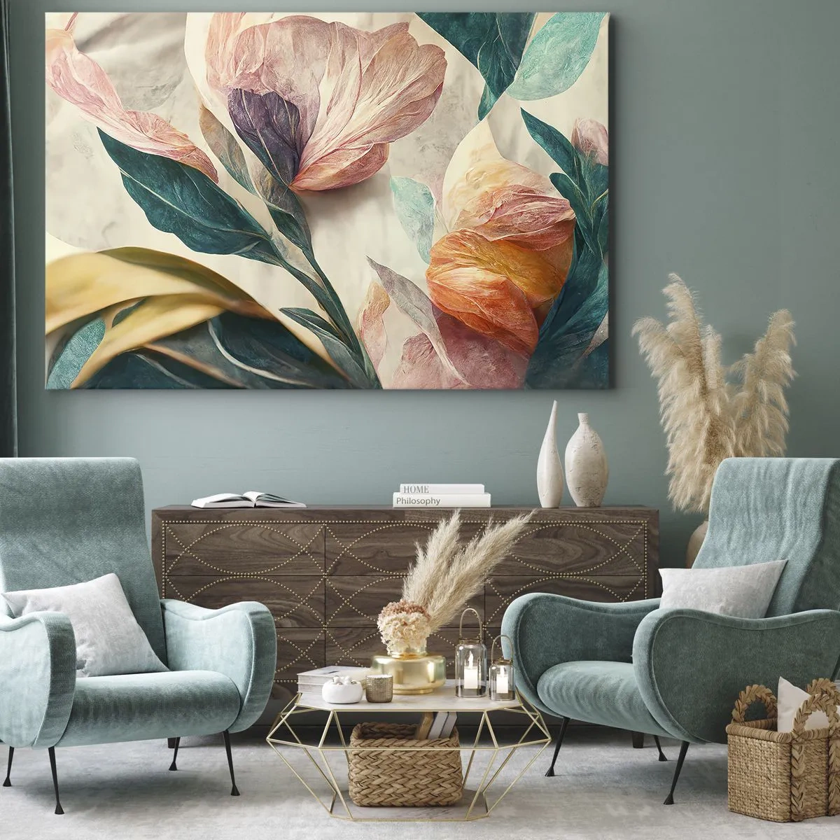 Bild auf Leinwand - Leinwandbild - Bunte Blumen im tropischen Stil auf hellem Hintergrund - 100x70cm - Blumen der südlichen Inseln - Moderne Wanddekoration für Wohnzimmer und Schlafzimmer ARTTOR