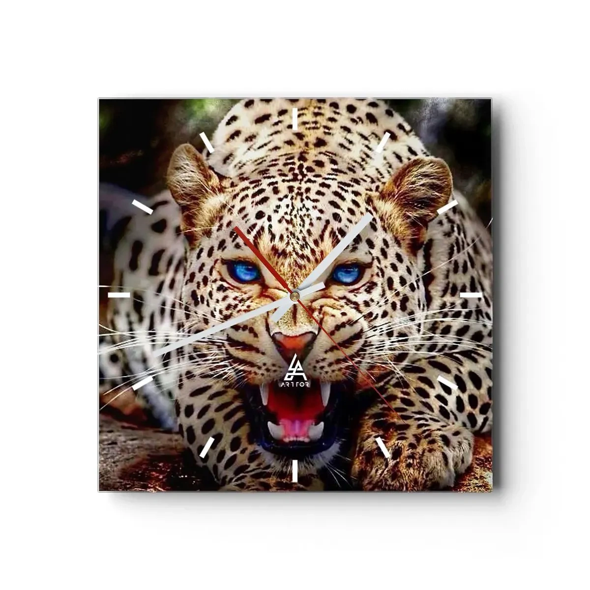 Wanduhr - Glasuhr - Ein bedrohlicher Leopard mit intensiv blauen Augen - 30x30cm - Schönheitswut tut nicht weh - Moderne Wanddekoration für Wohnzimmer und Schlafzimmer ARTTOR