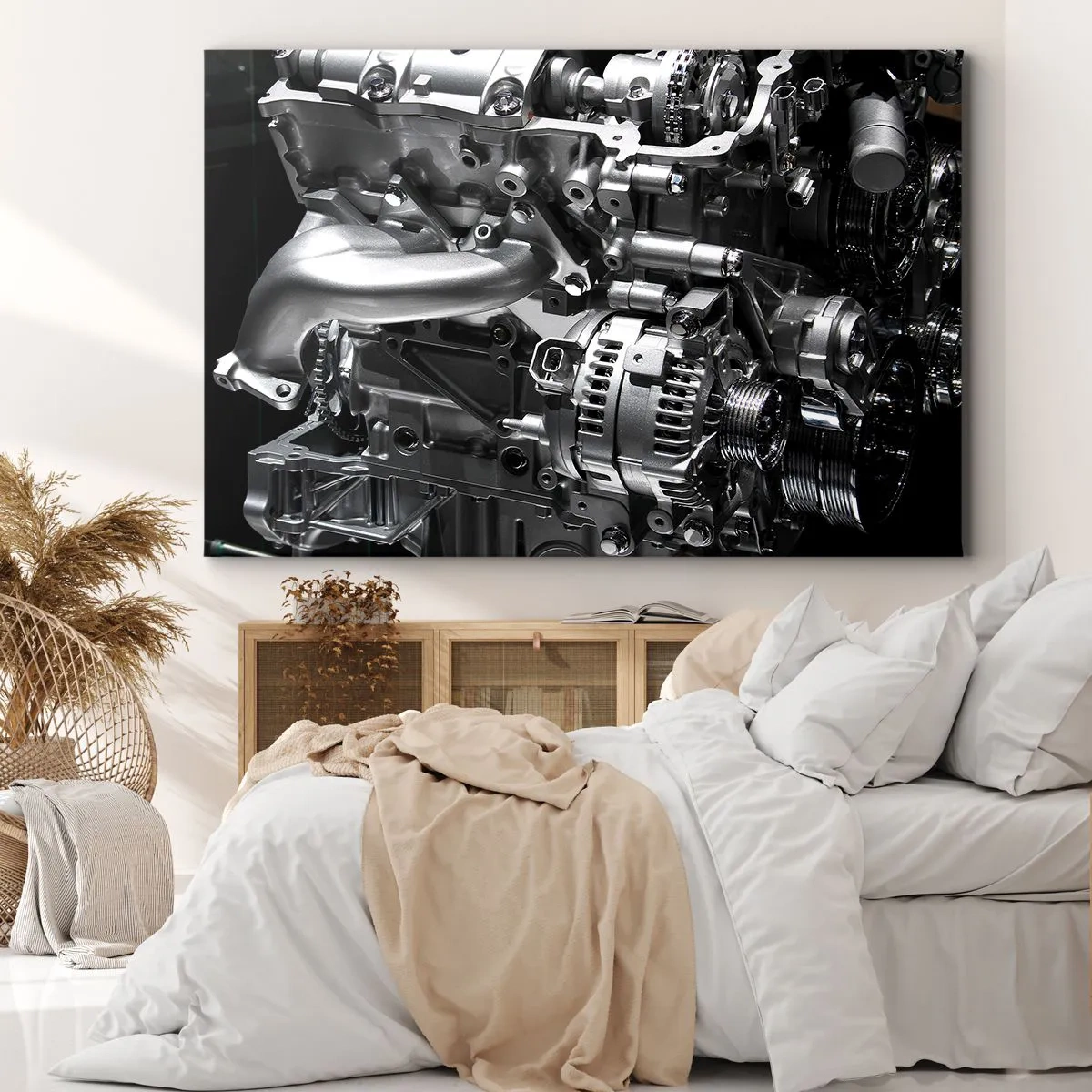 Bild auf Leinwand - Leinwandbild - Nahaufnahme von metallischen Motorteilen auf schwarzem Hintergrund - 70x50cm - Stahl, schön, stark - Moderne Wanddekoration für Wohnzimmer und Schlafzimmer ARTTOR