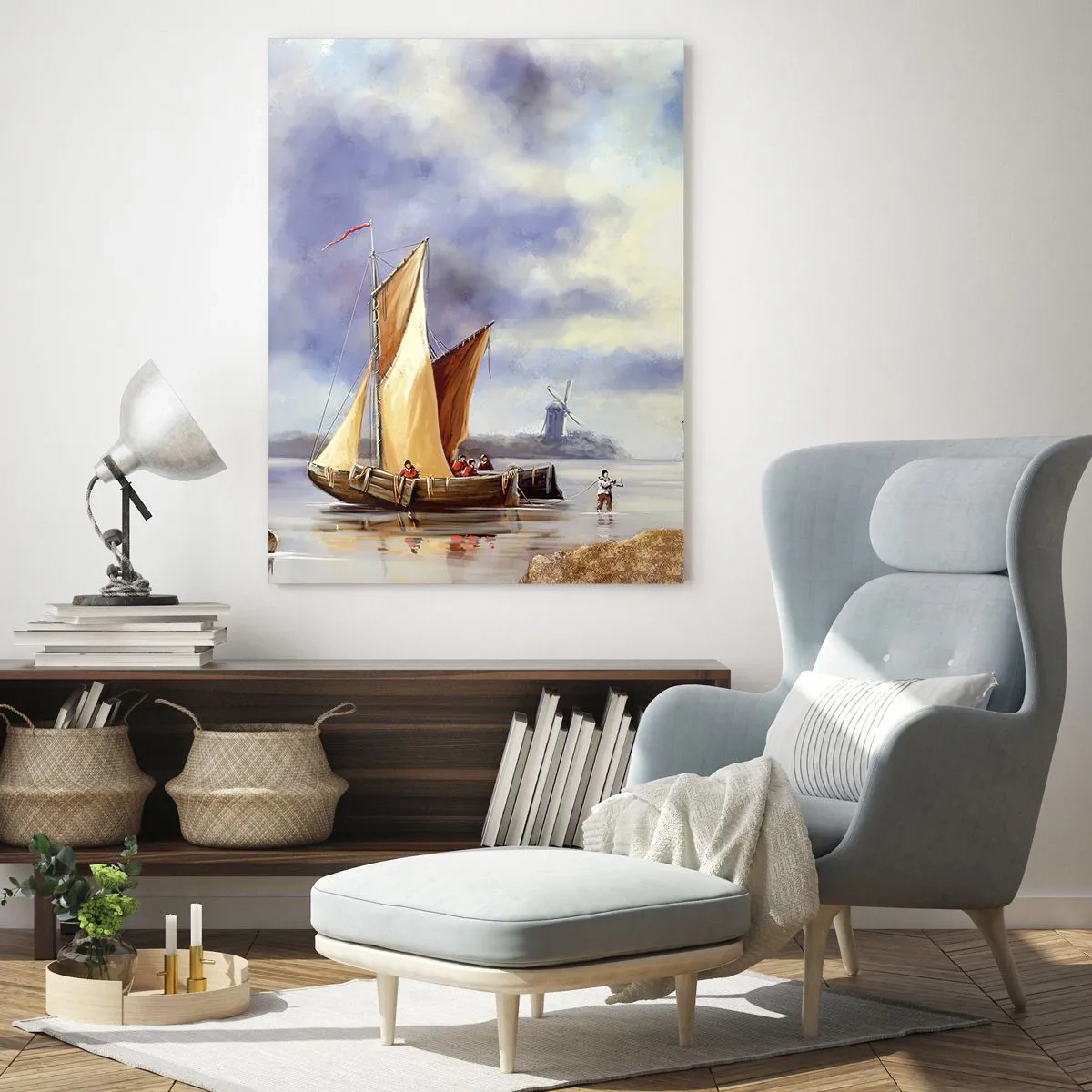 Glasbild - Bild auf glas - Segelboote auf einem ruhigen See mit Windmühlen im Hintergrund - 50x70cm - Die Rückkehr der Seeleute - Moderne Wanddekoration für Wohnzimmer und Schlafzimmer ARTTOR