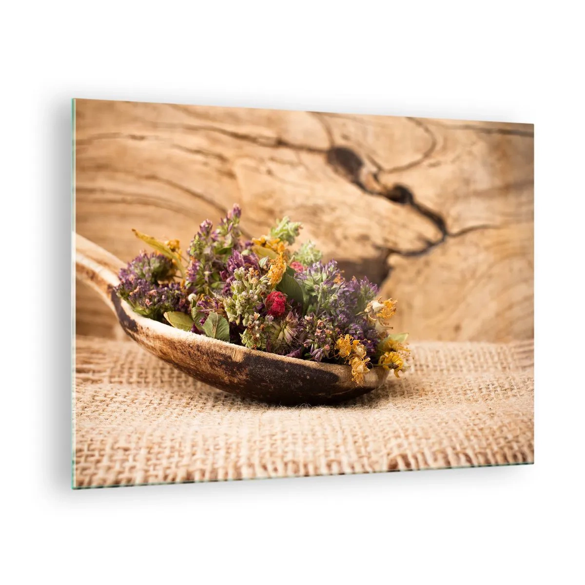 Glasbild - Bild auf glas - Getrocknete Kräuter in einem Holzlöffel auf rustikalem Hintergrund - 70x50cm - Bunte Blumen und duftende Kräuter - Moderne Wanddekoration für Wohnzimmer und Schlafzimmer ARTTOR