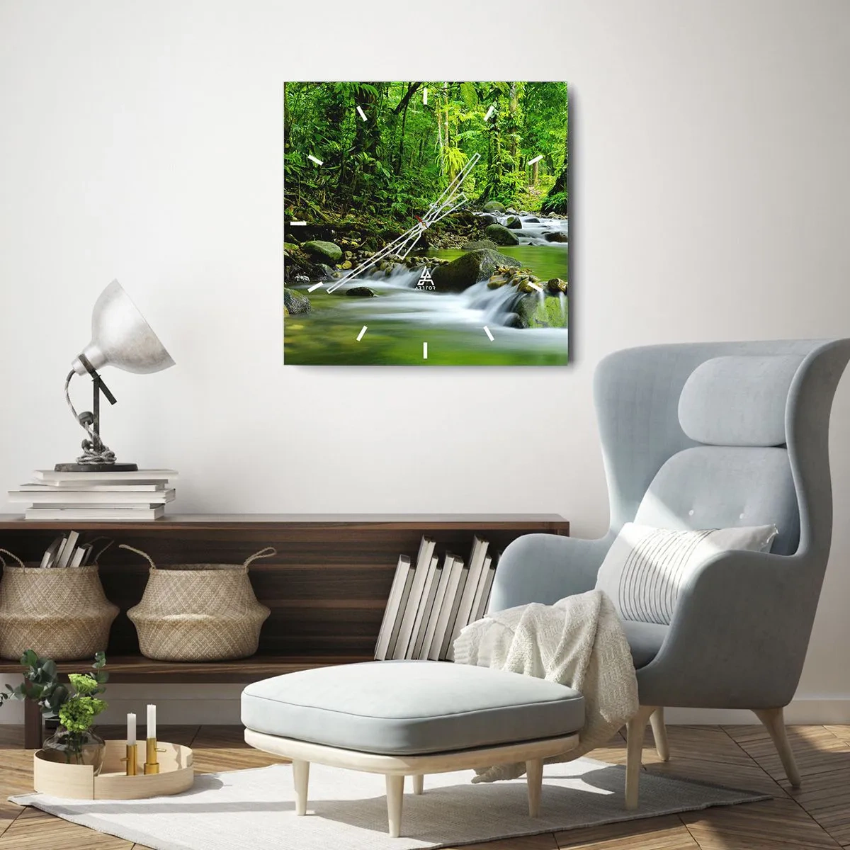 Wanduhr - Glasuhr - Ein Bach in einem üppigen tropischen Wald - 30x30cm - Schwimmen Sie in einem Meer aus Grün - Moderne Wanddekoration für Wohnzimmer und Schlafzimmer ARTTOR