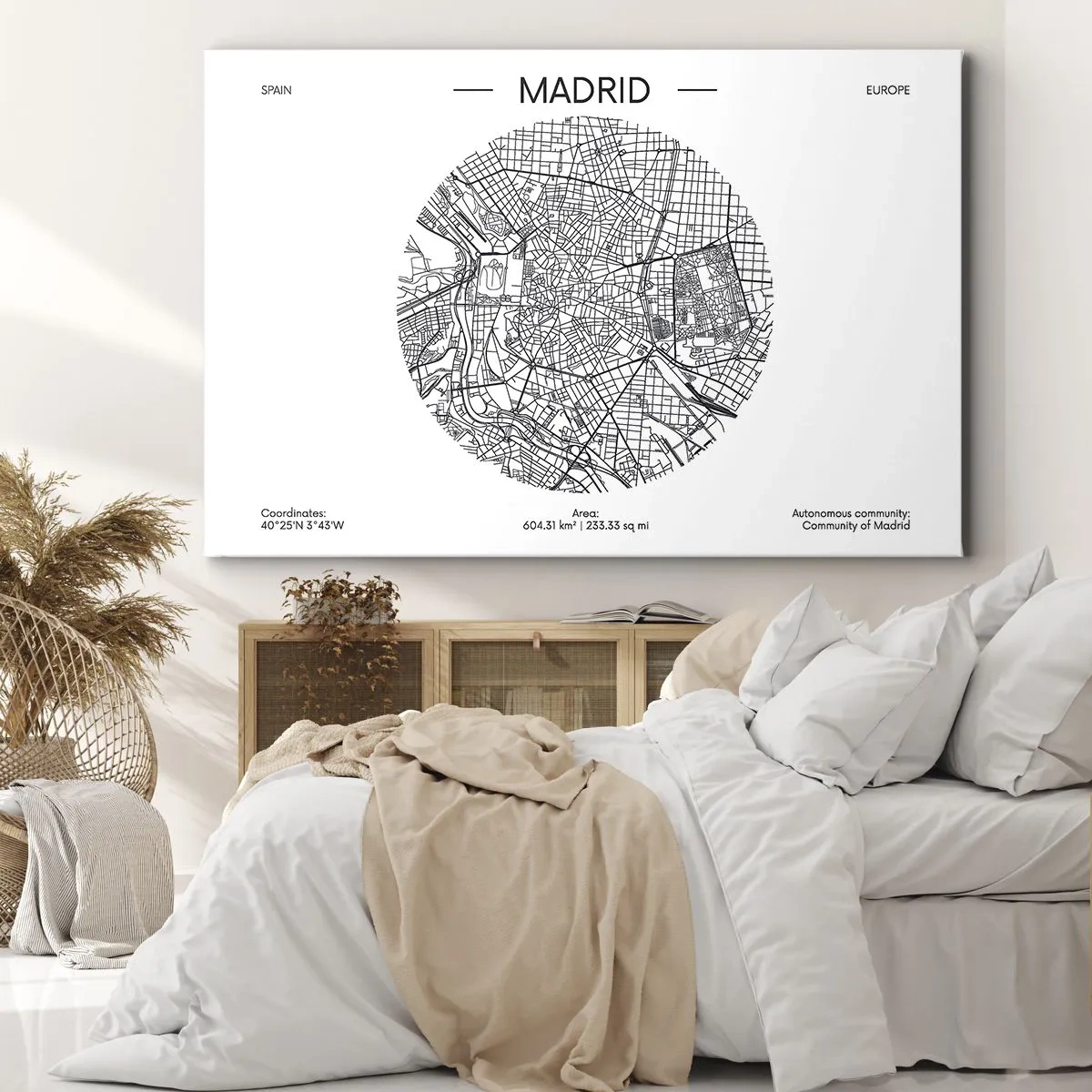 Bild auf Leinwand - Leinwandbild - Karte von Madrid im minimalistischen Schwarz-Weiß-Stil - 100x70cm - Anatomie von Madrid - Moderne Wanddekoration für Wohnzimmer und Schlafzimmer ARTTOR
