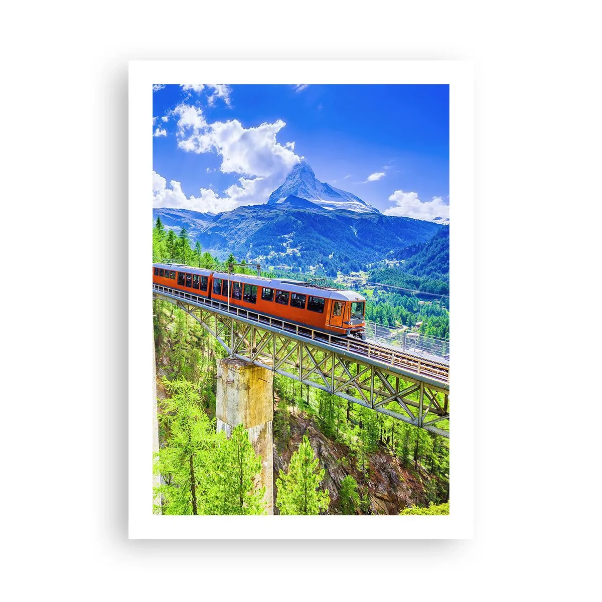 Poster - Ein Zug auf einer Brücke in den Alpen mit Blick auf das Matterhorn - 50x70cm - Jetzt sind Alpen dran - Moderne Wanddekoration für Wohnzimmer und Schlafzimmer ARTTOR