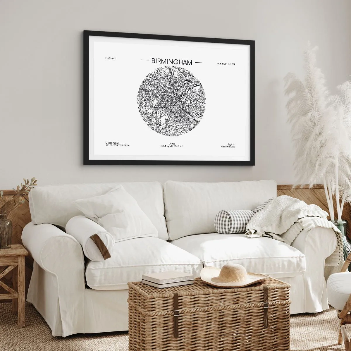 Poster in einem schwarzem Rahmen - Eine minimalistische Schwarzweißkarte von Birmingham mit präzisen Details. - 100x70cm - Anatomie von Birmingham - Moderne Wanddekoration für Wohnzimmer und Schlafzimmer ARTTOR
