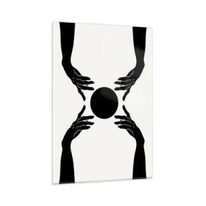 Glasbild - Bild auf glas - Schwarze Hände in einer symmetrischen Komposition mit einer Kugel - 80x120cm - Geheimes Zeichen - Moderne Wanddekoration für Wohnzimmer und Schlafzimmer ARTTOR