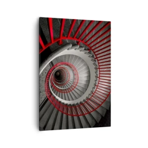 Bild auf Leinwand - Leinwandbild - Wendeltreppe mit roten Handläufen in dynamischer Perspektive - 50x70cm - Architekturspaß - Moderne Wanddekoration für Wohnzimmer und Schlafzimmer ARTTOR