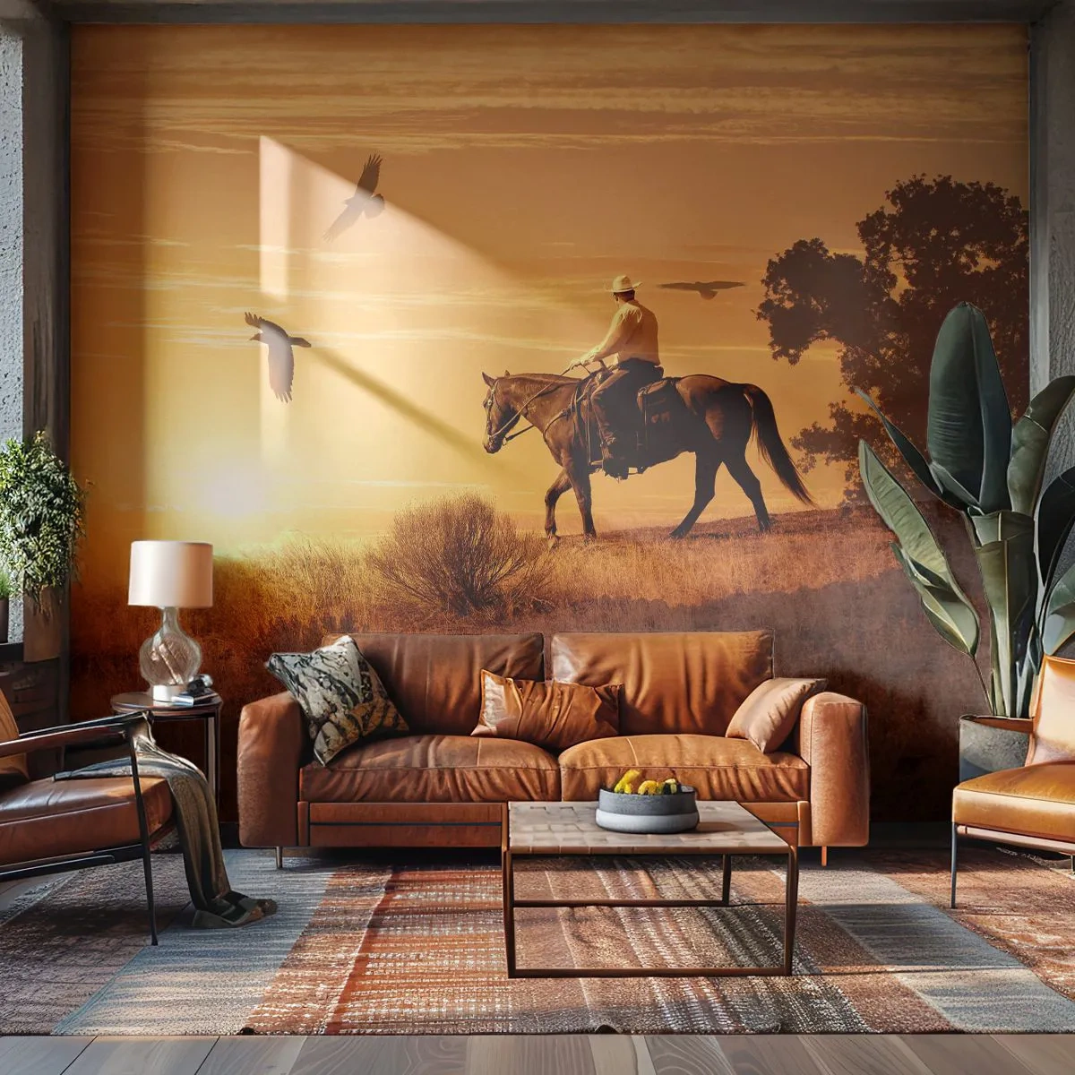 Fototapete Premium Sand - Cowboy auf dem Pferd im Abendlicht - 100x70cm - Allein durch die Prärie - Moderne Wanddekoration für Wohnzimmer und Schlafzimmer ARTTOR