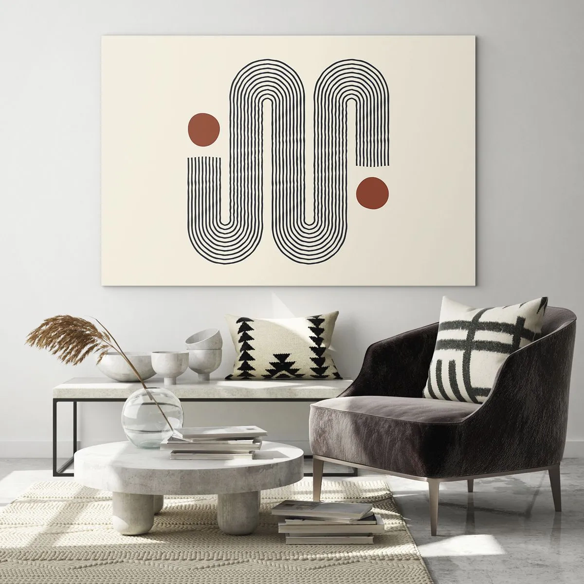 Glasbild - Bild auf glas - Minimalistisches Linienmuster mit roten Punkten - 120x80cm - Vom Anfang bis zum Ende - Moderne Wanddekoration für Wohnzimmer und Schlafzimmer ARTTOR