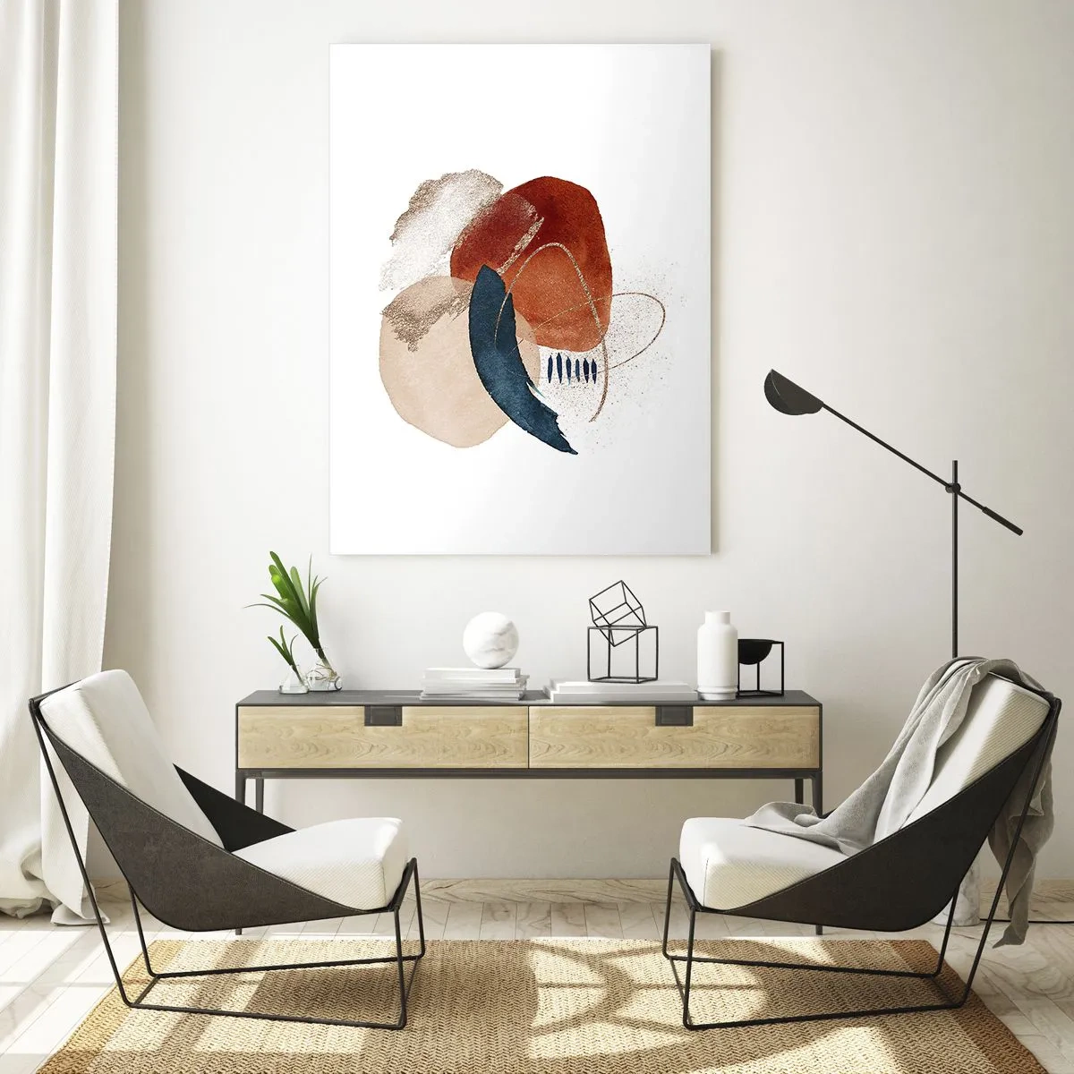 Glasbild - Bild auf glas - Eine abstrakte Komposition in warmen Farbtönen mit Wasserelementen. - 50x70cm - Ovale Komposition - Moderne Wanddekoration für Wohnzimmer und Schlafzimmer ARTTOR