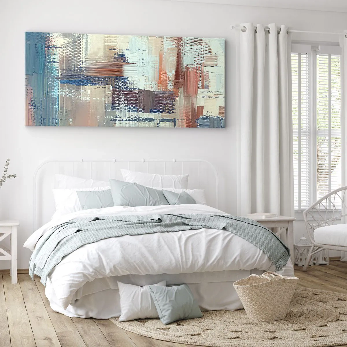 Bild auf Leinwand - Leinwandbild - Abstrakte Komposition in Blau- und Beigetönen - 140x50cm - Zum Licht kommen - Moderne Wanddekoration für Wohnzimmer und Schlafzimmer ARTTOR