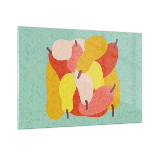 Glasbild - Bild auf glas - Bunte Birnen im grafischen Stil auf türkisfarbenem Hintergrund - 100x70cm - Probieren Sie die Sommersonne - Moderne Wanddekoration für Wohnzimmer und Schlafzimmer ARTTOR