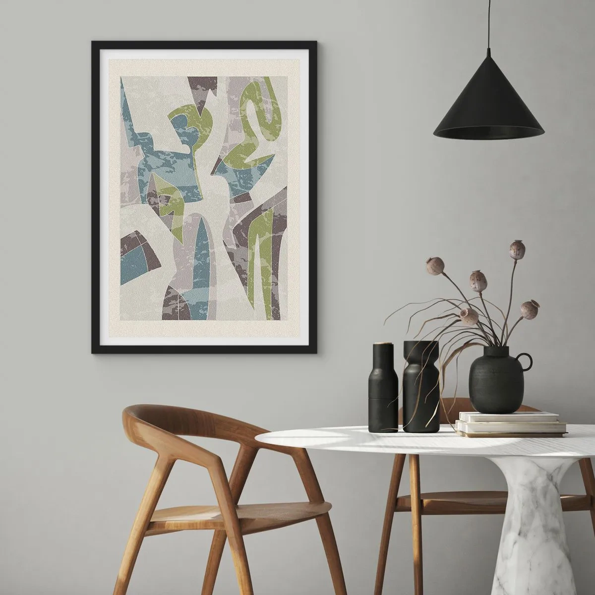 Poster in einem schwarzem Rahmen - Abstrakte Figuren in Grün- und Blautönen - 50x70cm - Komposition hinter dem Glas - Moderne Wanddekoration für Wohnzimmer und Schlafzimmer ARTTOR