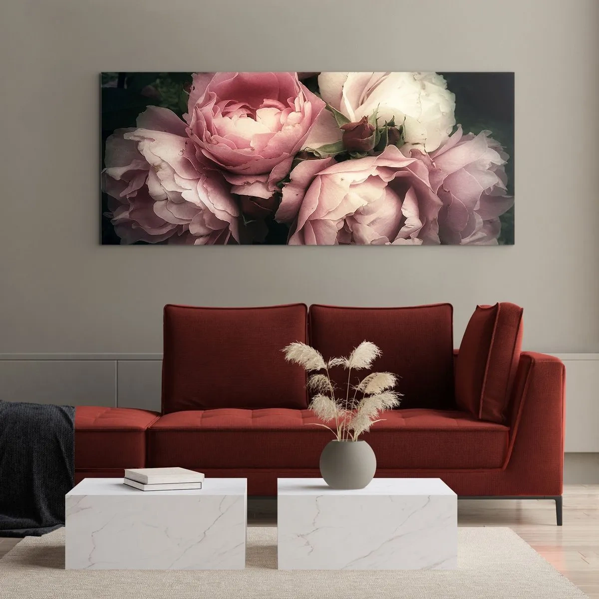 Glasbild - Bild auf glas - Ein Strauß Rosen in zarten Rosa- und Weißtönen - 160x50cm - Der Charme der Belle Epoque - Moderne Wanddekoration für Wohnzimmer und Schlafzimmer ARTTOR