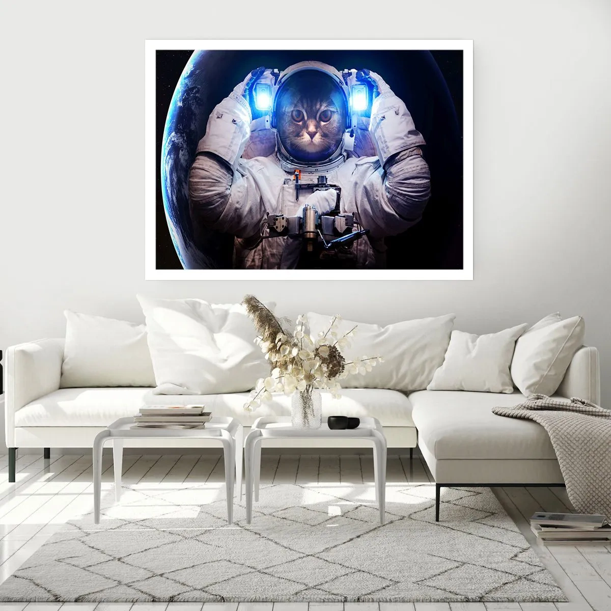Poster - Eine Katze im Astronautenanzug mit der Erde im Hintergrund und einem hellen Licht. - 100x70cm - Houston, du hast ein Problem - Moderne Wanddekoration für Wohnzimmer und Schlafzimmer ARTTOR