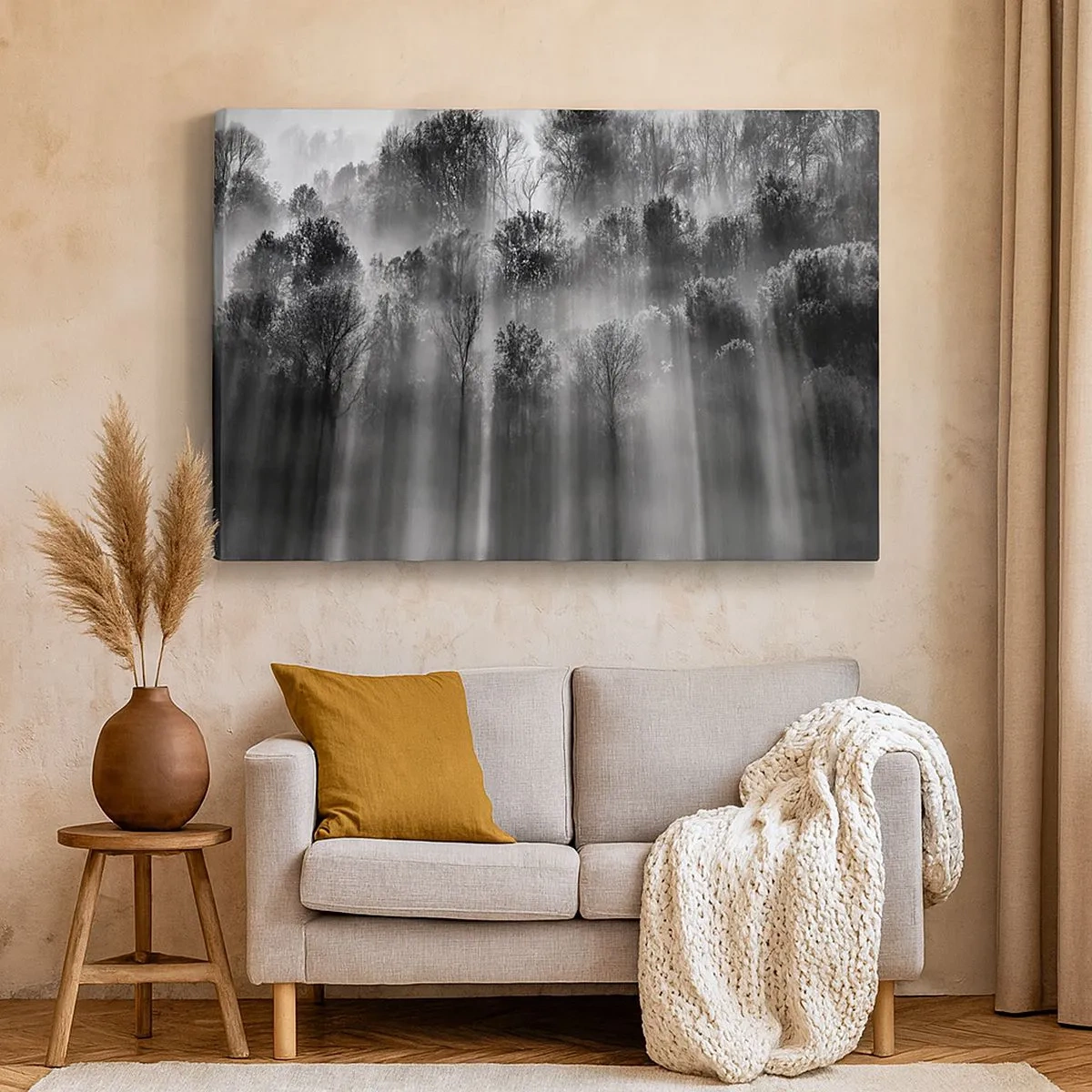 Bild auf Leinwand - Leinwandbild - Schwarz-weißer Wald im Morgenlicht - 70x50cm - In Lichtstrahlen - Moderne Wanddekoration für Wohnzimmer und Schlafzimmer ARTTOR