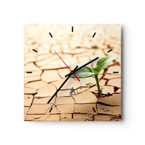 Wanduhr - Glasuhr - Eine grüne Pflanze wächst aus trockener, rissiger Erde - 30x30cm - Die unbezähmbare Kraft des Lebens - Moderne Wanddekoration für Wohnzimmer und Schlafzimmer ARTTOR