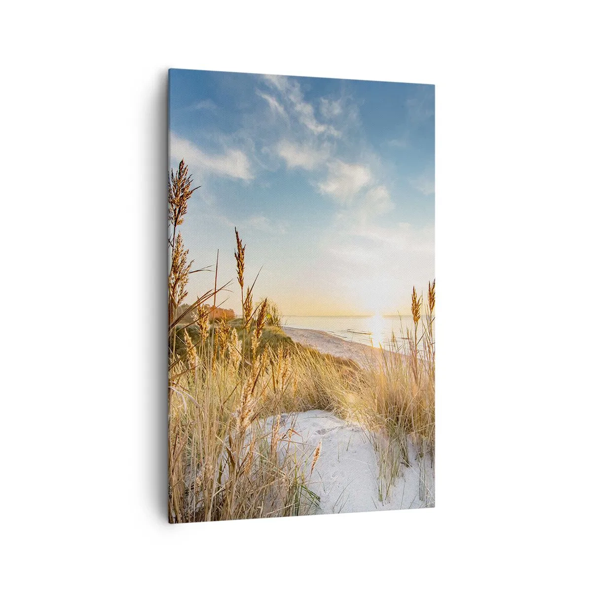 Bild auf Leinwand - Leinwandbild - Ein malerischer Strand mit Gras und untergehender Sonne - 80x120cm - Nordstrand - Moderne Wanddekoration für Wohnzimmer und Schlafzimmer ARTTOR
