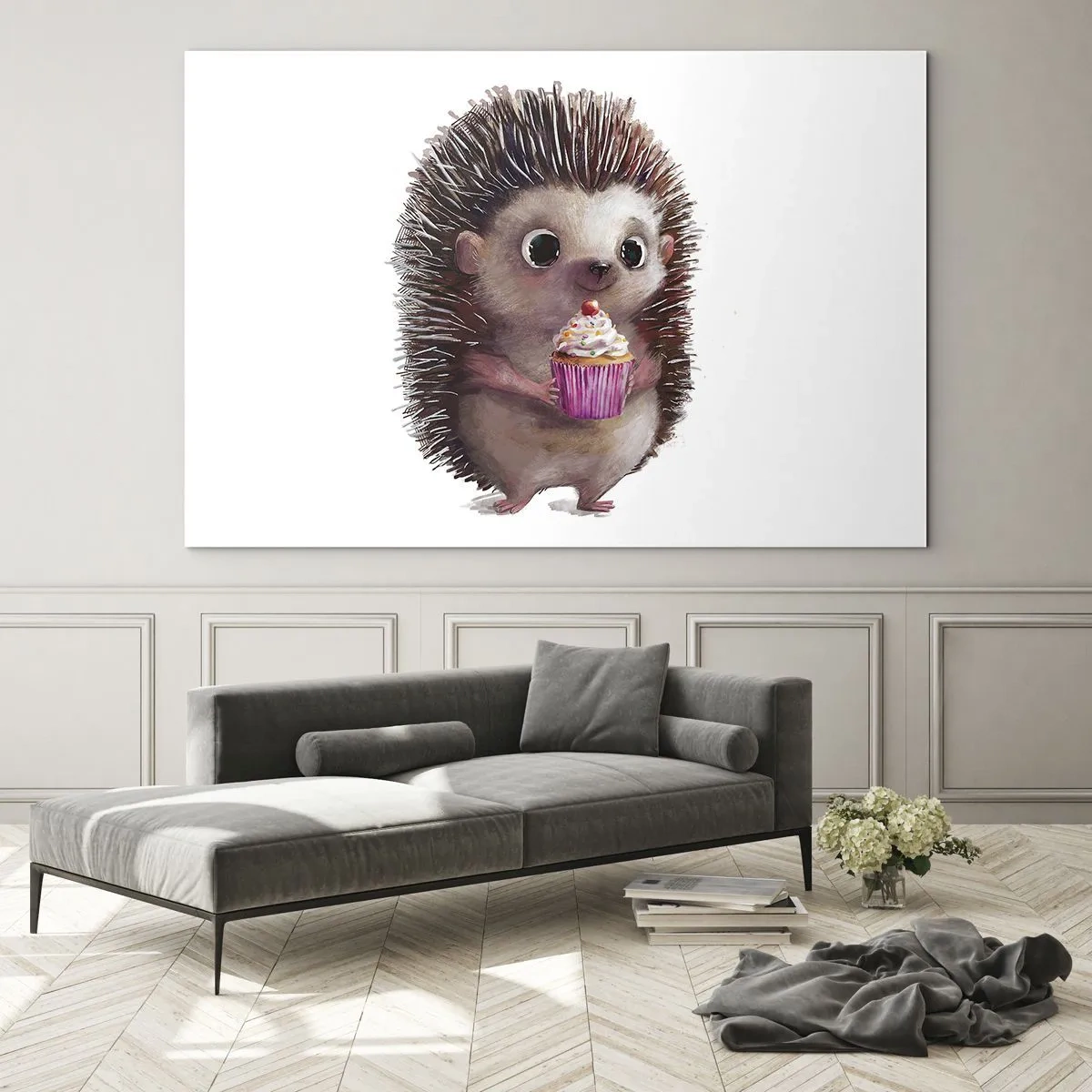 Glasbild - Bild auf glas - Ein süßer Igel mit einem Cupcake auf weißem Hintergrund - 100x70cm - Der Feiertag ist jeden Tag - Moderne Wanddekoration für Wohnzimmer und Schlafzimmer ARTTOR