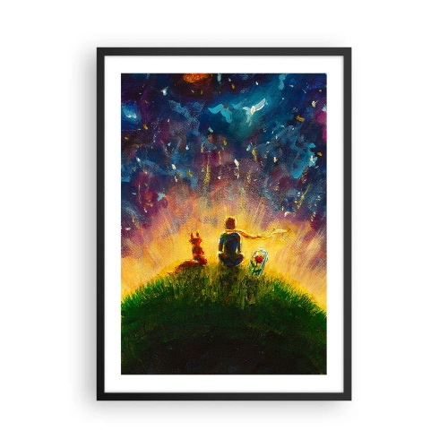 Poster in einem schwarzem Rahmen - Figuren sitzen auf einem Hügel unter einem Sternenhimmel - 50x70cm - Liebe und Freundschaft - die ganze Welt - Moderne Wanddekoration für Wohnzimmer und Schlafzimmer ARTTOR