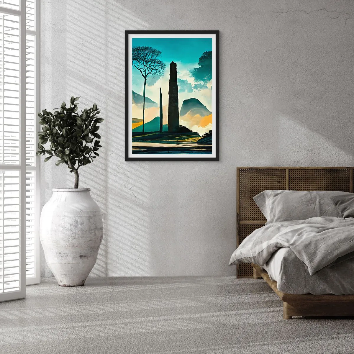 Poster in einem schwarzem Rahmen - Eine geheimnisvolle Landschaft mit monumentalen Obelisken - 50x70cm - Immer höher und höher - Moderne Wanddekoration für Wohnzimmer und Schlafzimmer ARTTOR