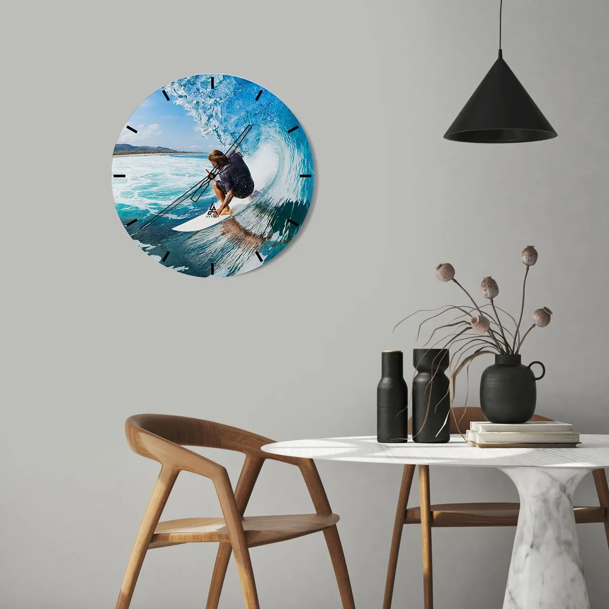 Wanduhr - Glasuhr - Surfer im Wasserwellentunnel - 30x30cm - Tanzen mit den Wellen - Moderne Wanddekoration für Wohnzimmer, Küche und Schlafzimmer ARTTOR