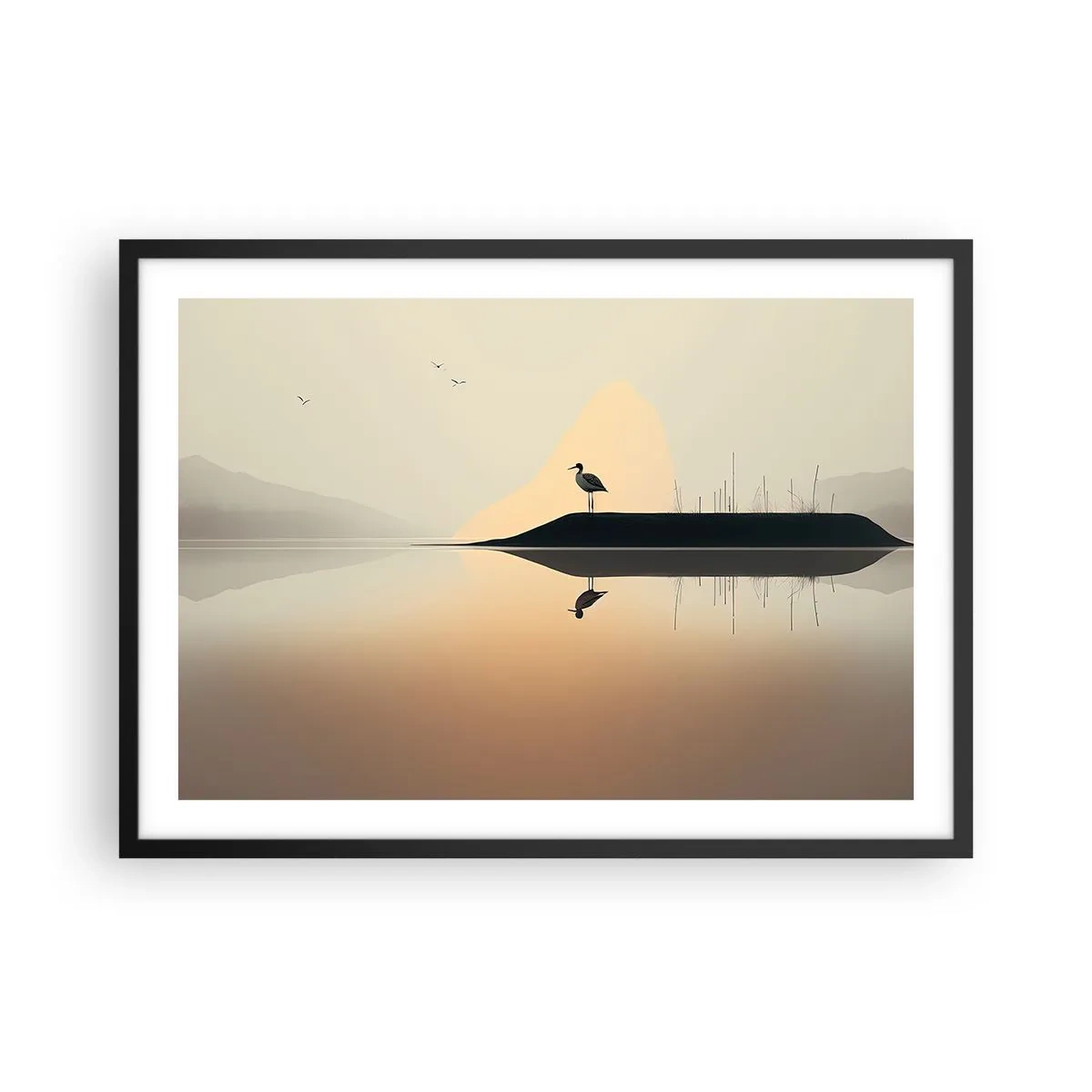 Poster in einem schwarzem Rahmen - Ein Vogel auf einer Insel in einem ruhigen See mit warmen Farbtönen - 70x50cm - Herr am See - Moderne Wanddekoration für Wohnzimmer und Schlafzimmer ARTTOR