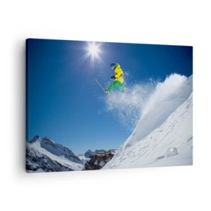 Bild auf Leinwand - Leinwandbild - Skifahrer in der Luft mit Bergen im Hintergrund - 70x50cm - Tanzen mit den Bergen - Moderne Wanddekoration für Wohnzimmer und Schlafzimmer ARTTOR