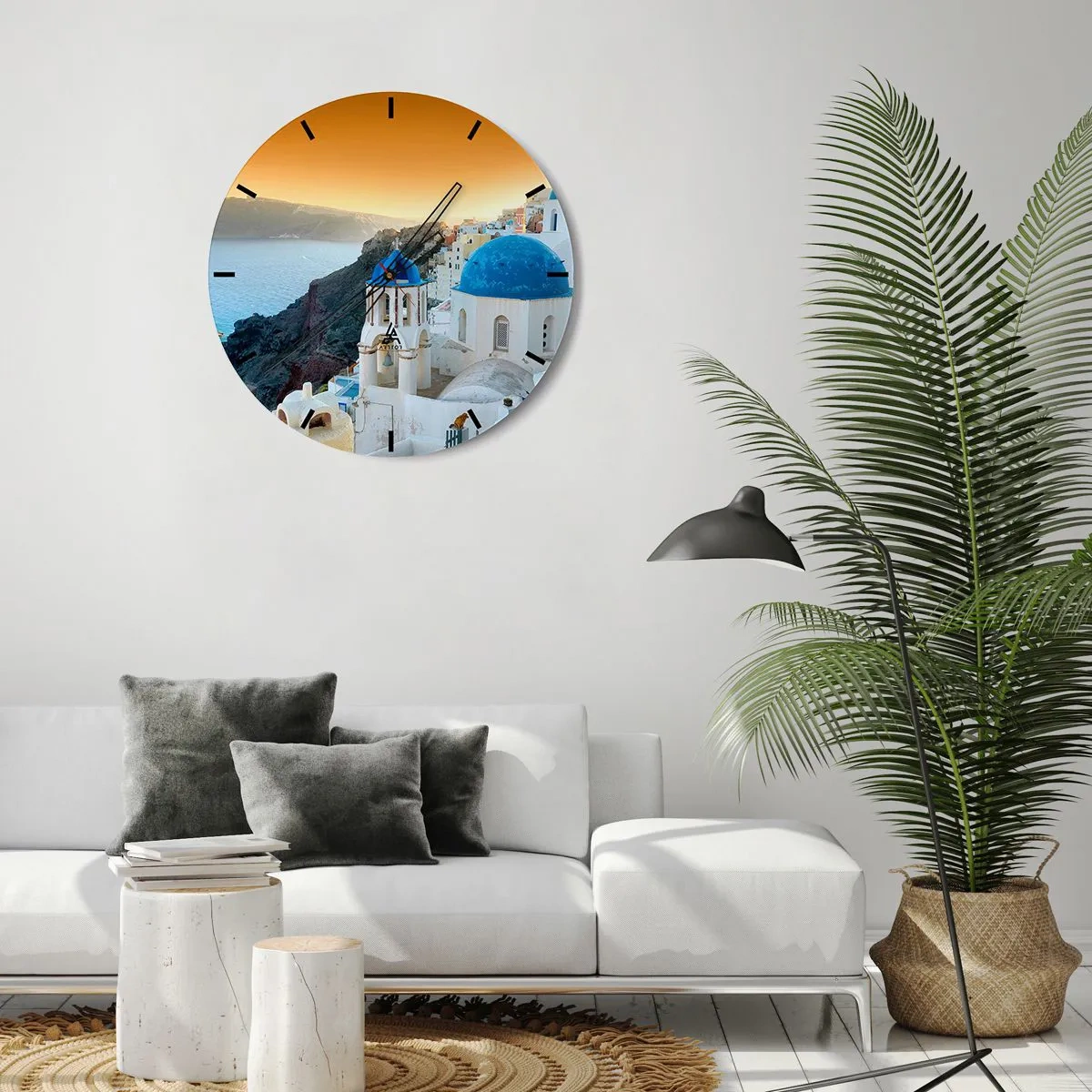 Wanduhr - Glasuhr - Santorini mit Meerblick bei Sonnenuntergang - 30x30cm - Santorini - an die Felsen gekuschelt - Moderne Wanddekoration für Wohnzimmer, Küche und Schlafzimmer ARTTOR