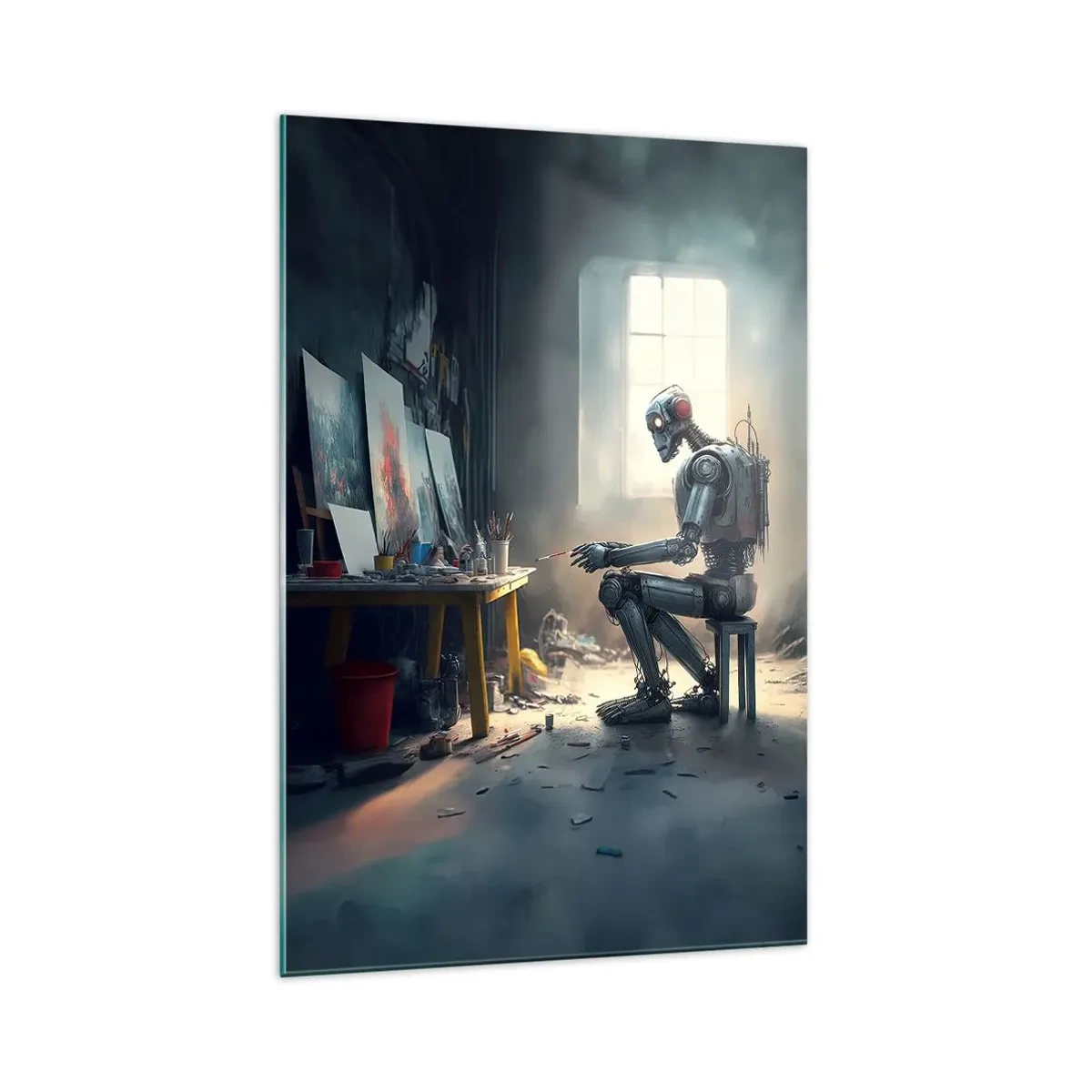 Glasbild - Bild auf glas - Ein Roboter malt ein Bild in einem Kunstatelier - 70x100cm - Schöpfungsakt - Moderne Wanddekoration für Wohnzimmer und Schlafzimmer ARTTOR