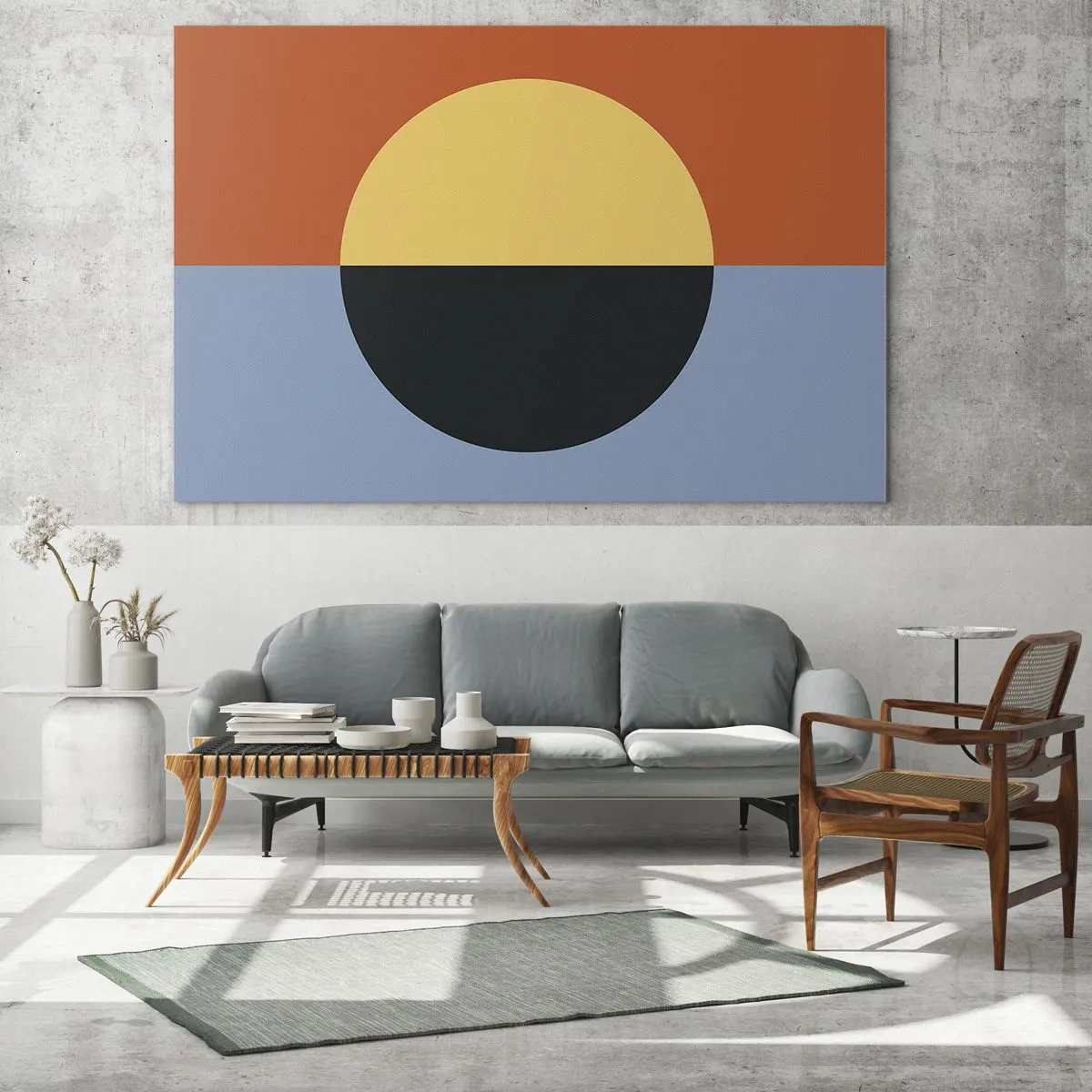 Glasbild - Bild auf glas - Abstrakte Komposition mit einem Kreis in warmen und kalten Farbtönen - 70x50cm - Eine Komposition aus Wärme und Kühle - Moderne Wanddekoration für Wohnzimmer und Schlafzimmer ARTTOR