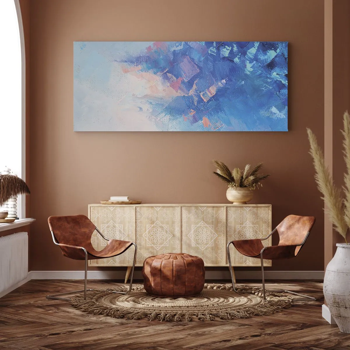 Bild auf Leinwand - Leinwandbild - Abstrakte Komposition in Blau- und Rosatönen - 140x50cm - Winter-Abstraktion - Moderne Wanddekoration für Wohnzimmer und Schlafzimmer ARTTOR