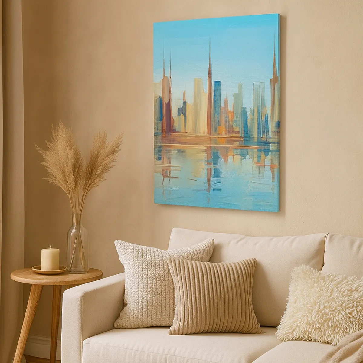 Bild auf Leinwand - Leinwandbild - Ein Panorama der Stadt in warmen Farben mit Spiegelung im Wasser - 50x70cm - Sonnige Metropole - Moderne Wanddekoration für Wohnzimmer und Schlafzimmer ARTTOR