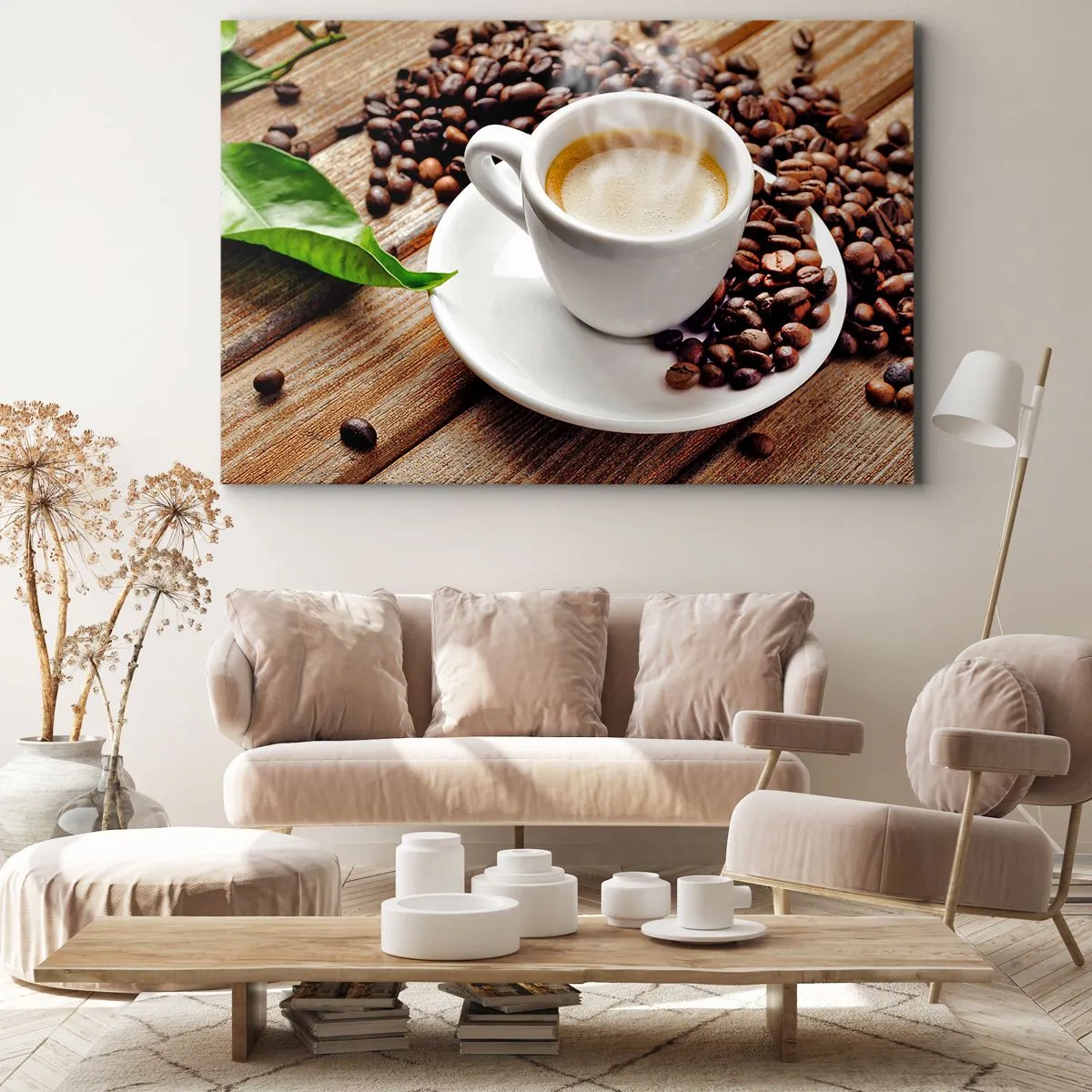 Bild auf Leinwand - Leinwandbild - Eine Tasse aromatischen Kaffee vor dem Hintergrund von Bohnen und einem Blatt - 120x80cm - Kaffee auf der Bank - Moderne Wanddekoration für Wohnzimmer und Schlafzimmer ARTTOR